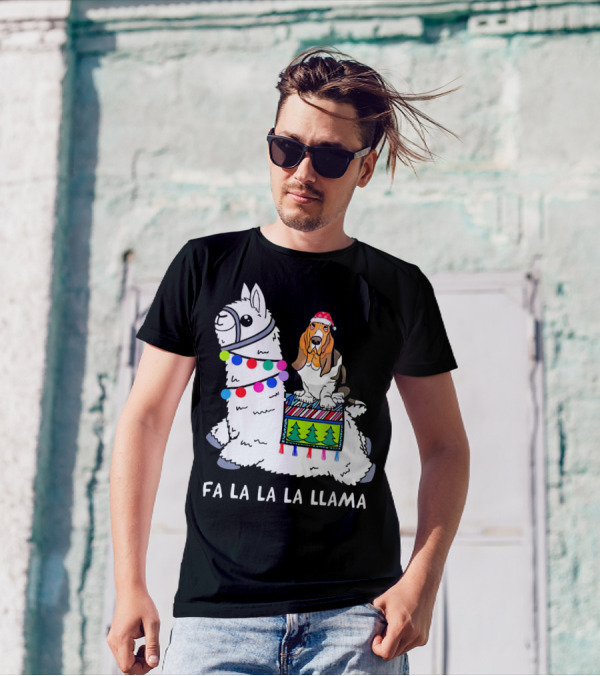 Fa La La La Llama Basset Hound Christmas Santa Hat T-Shirt