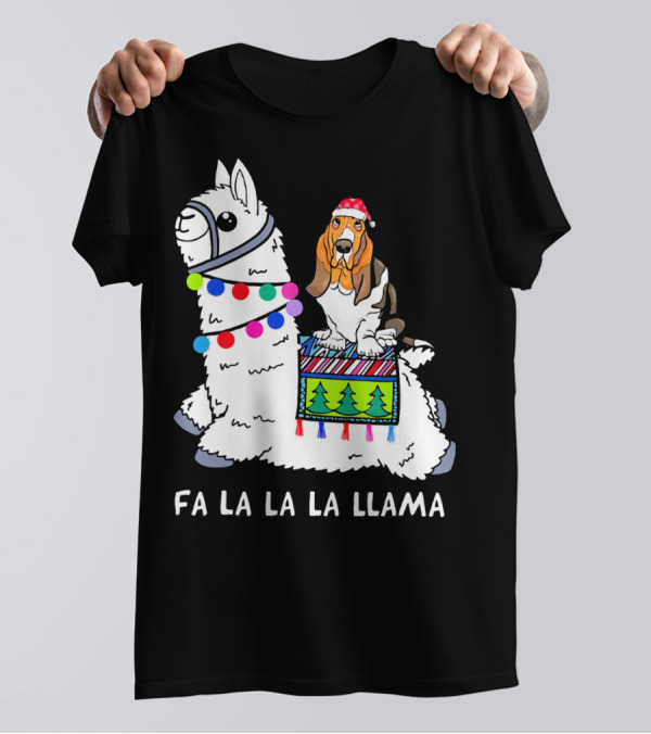 Fa La La La Llama Basset Hound Christmas Santa Hat T-Shirt