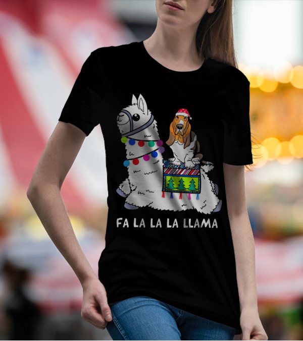 Fa La La La Llama Basset Hound Christmas Santa Hat T-Shirt