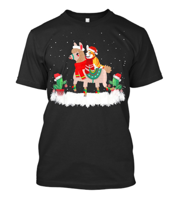 Cozy Christmas Corgi Riding Festive Llama With Cactus Decorations T-Shirt