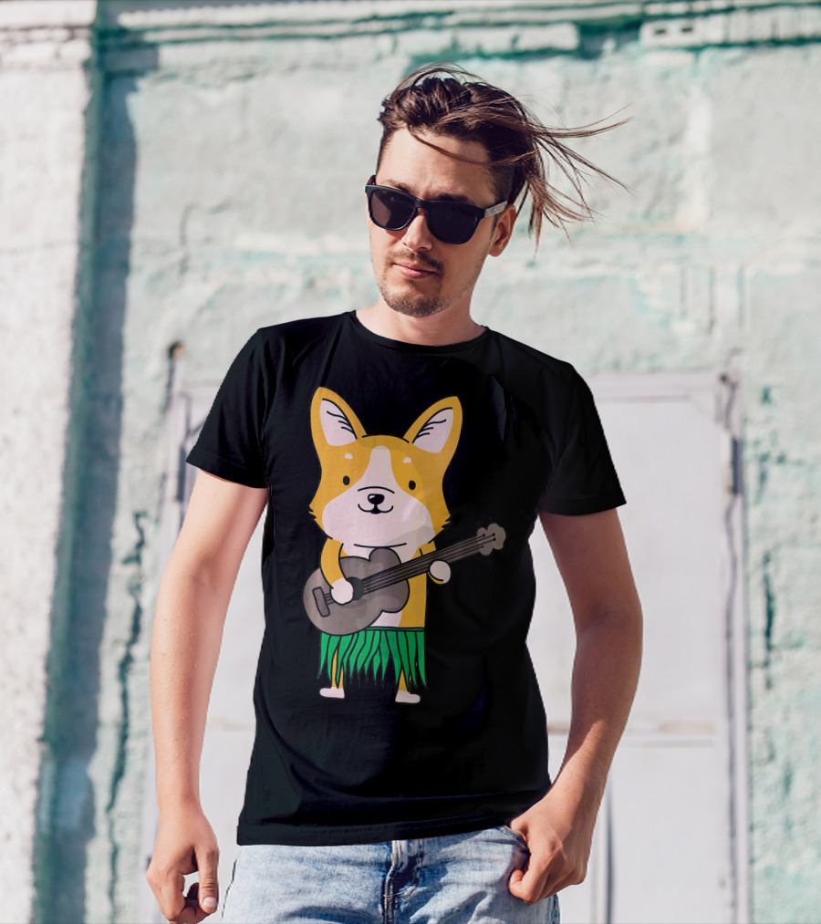 Corgi Dog Playing Ukulele In Hawaiian Luau Outfit Cute Funny Hawaii T-Shirt
