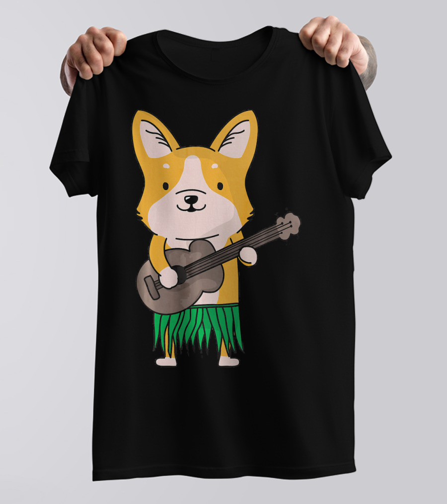 Corgi Dog Playing Ukulele In Hawaiian Luau Outfit Cute Funny Hawaii T-Shirt