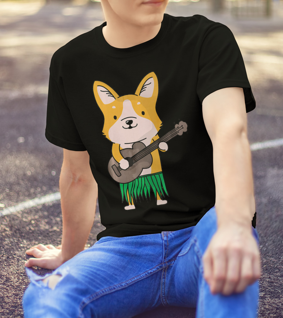 Corgi Dog Playing Ukulele In Hawaiian Luau Outfit Cute Funny Hawaii T-Shirt