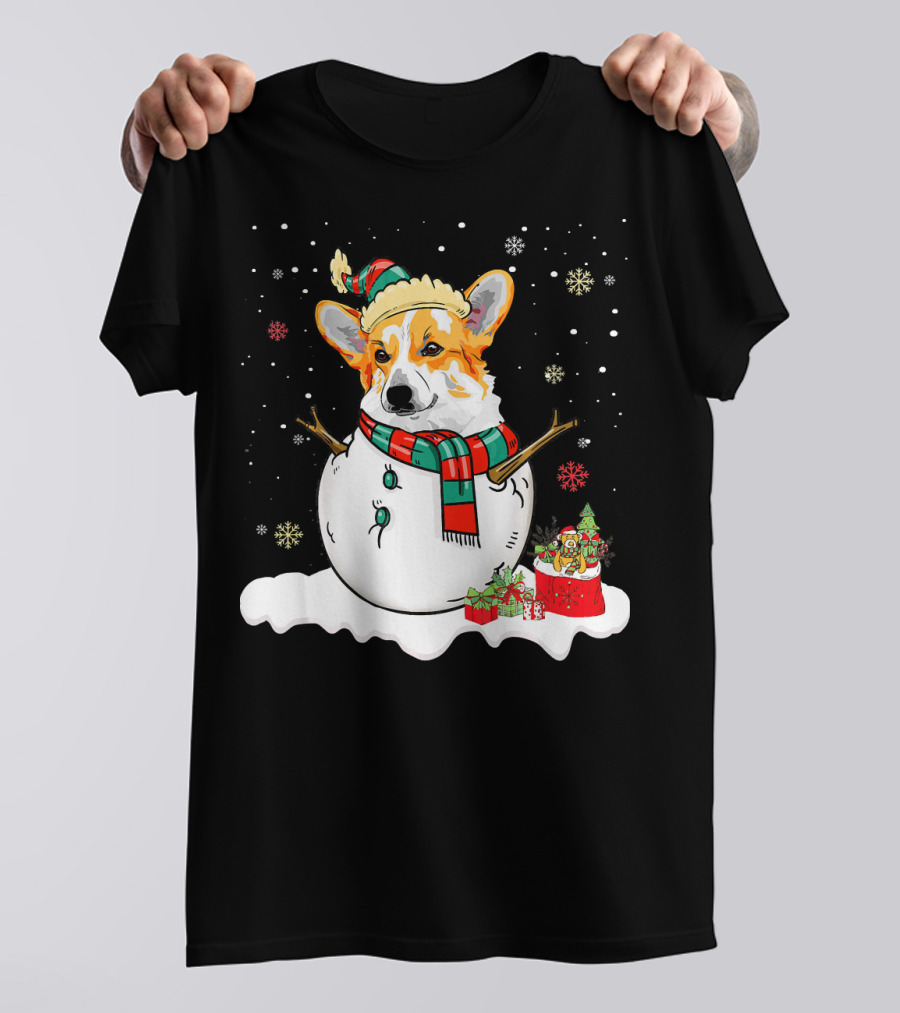 Corgi Lover Merry Christmas Snowman With Scarf And Gifts T-Shirt