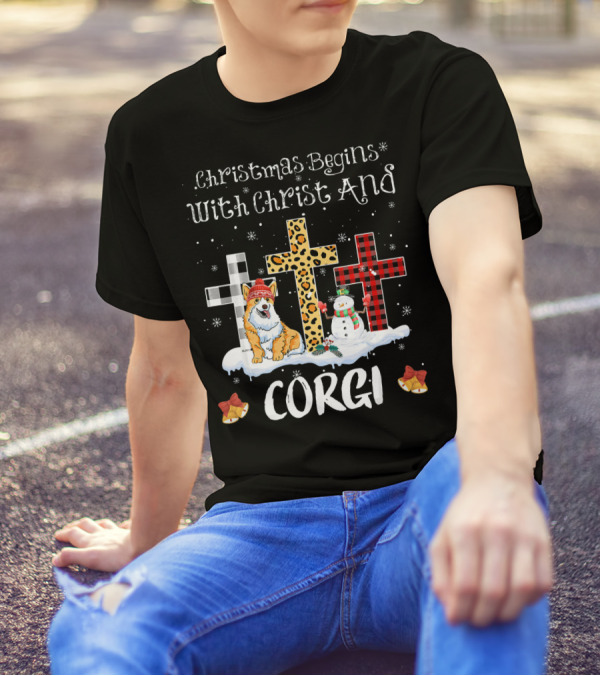 Christmas Begins With Christ And Corgi Snowman Crosses T-Shirt