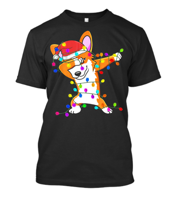 Dabbing Corgi Wrapped In Colorful Christmas Lights With Santa Hat T-Shirt