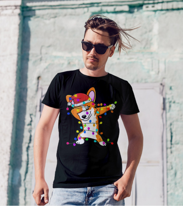 Dabbing Corgi Wrapped In Colorful Christmas Lights With Santa Hat T-Shirt