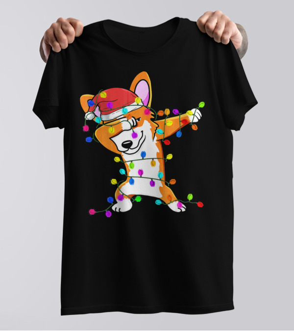 Dabbing Corgi Wrapped In Colorful Christmas Lights With Santa Hat T-Shirt