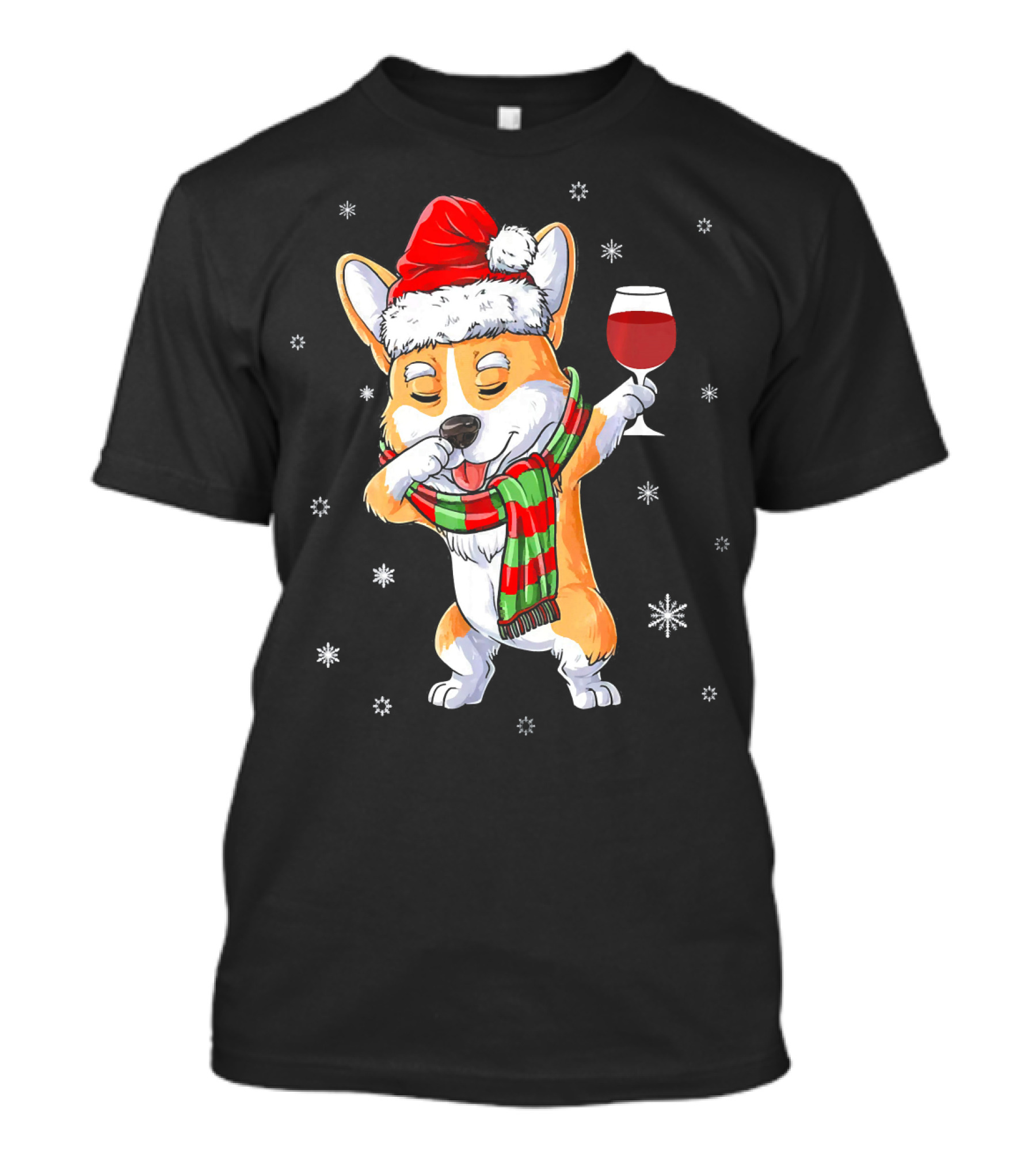 Corgi Santa Dabbing With Wine Glass And Snowflakes T-Shirt