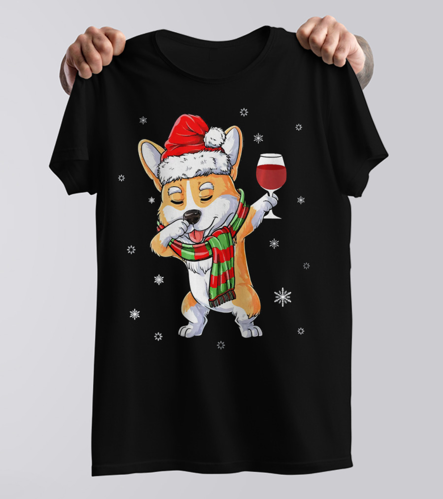 Corgi Santa Dabbing With Wine Glass And Snowflakes T-Shirt