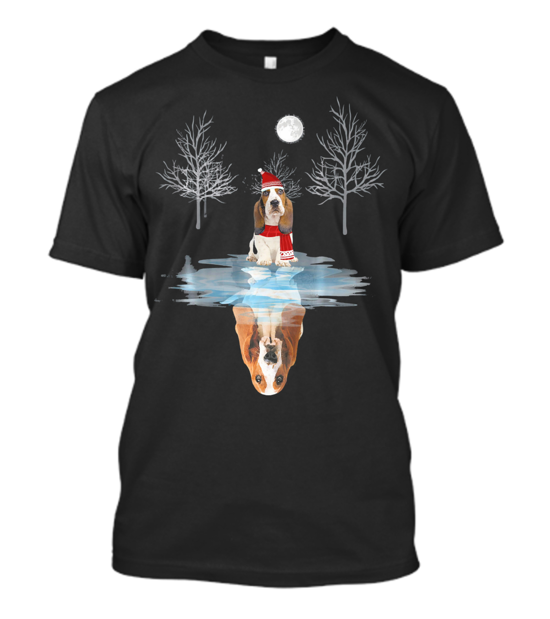 Basset Hound Winter Reflection With Santa Hat And Scarf T-Shirt