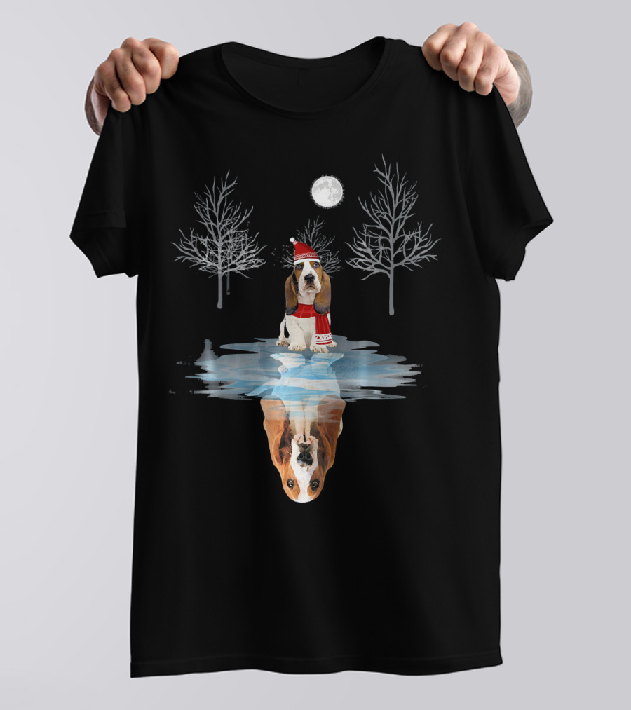 Basset Hound Winter Reflection With Santa Hat And Scarf T-Shirt