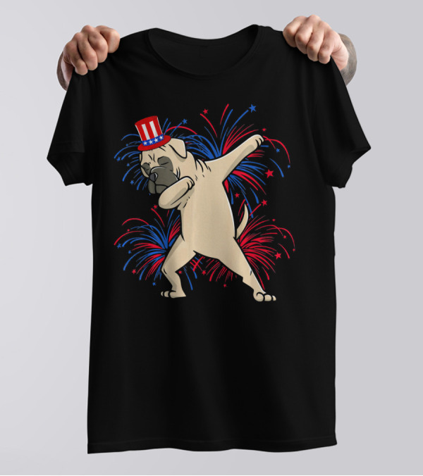 Patriotic Dabbing English Mastiff With Fireworks And Uncle Sam Hat T-Shirt