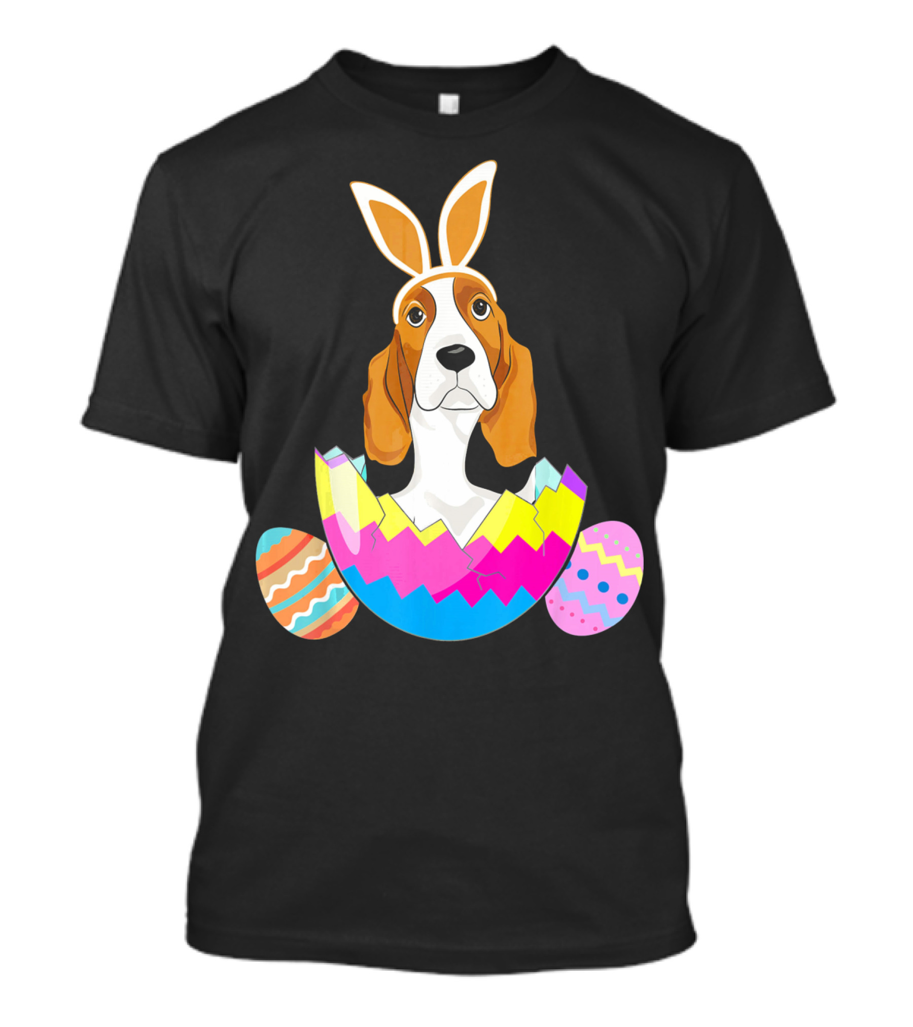 Basset Hound With Easter Bunny Ears Emerging From Colorful Eggs T-Shirt