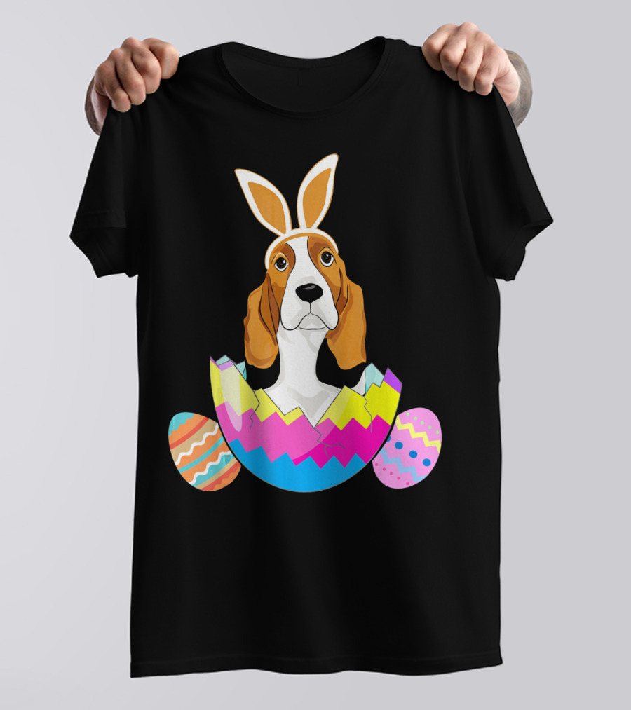 Basset Hound With Easter Bunny Ears Emerging From Colorful Eggs T-Shirt