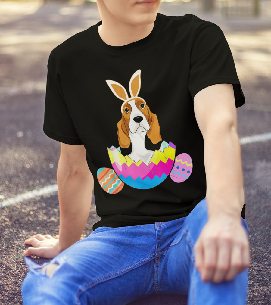 Basset Hound With Easter Bunny Ears Emerging From Colorful Eggs T-Shirt