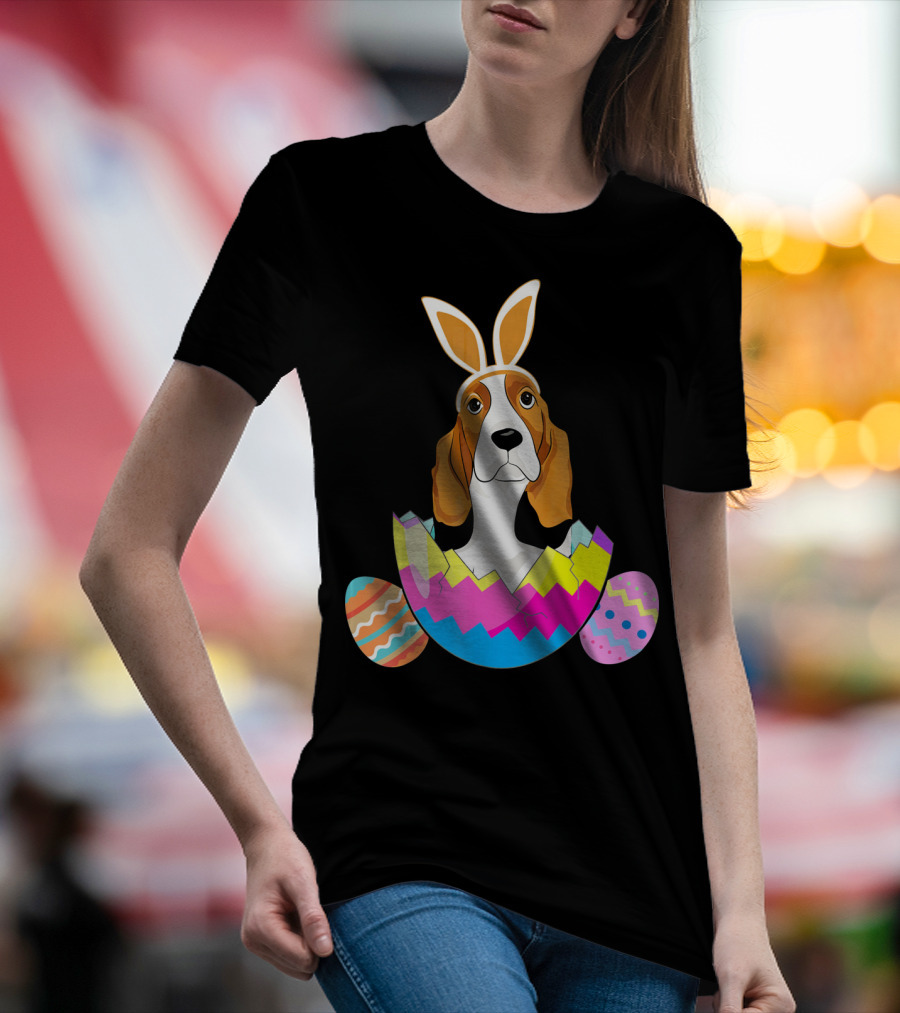 Basset Hound With Easter Bunny Ears Emerging From Colorful Eggs T-Shirt