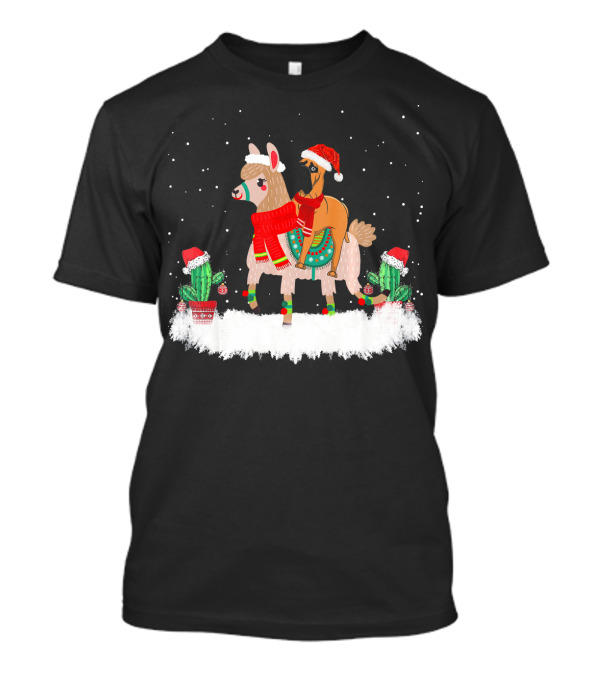 Cute Bullmastiff Riding Llama With Festive Hats And Sweaters In Snowy Scene T-Shirt