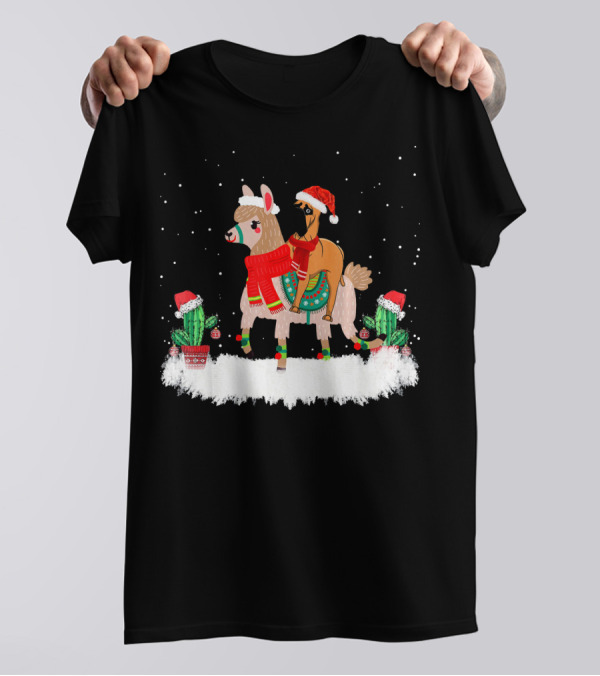 Cute Bullmastiff Riding Llama With Festive Hats And Sweaters In Snowy Scene T-Shirt