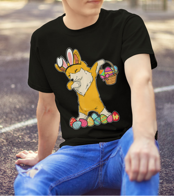 Corgi Dab Easter Bunny With Basket Of Colored Eggs T-Shirt