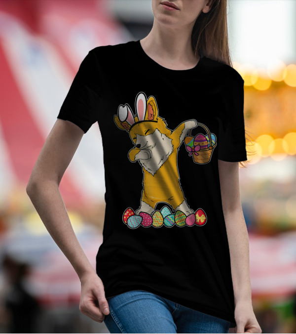 Corgi Dab Easter Bunny With Basket Of Colored Eggs T-Shirt