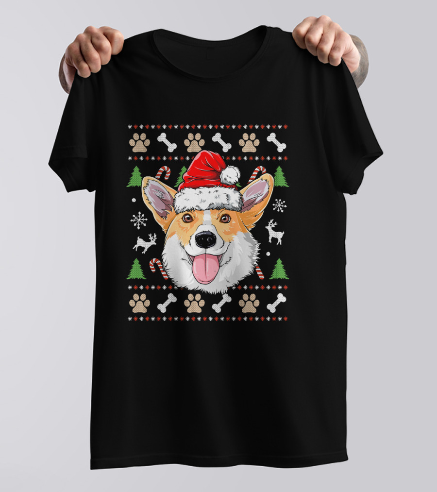 Corgi Santa Hat Ugly Christmas Sweater Dog Paw Candy Cane Snowflake T-Shirt