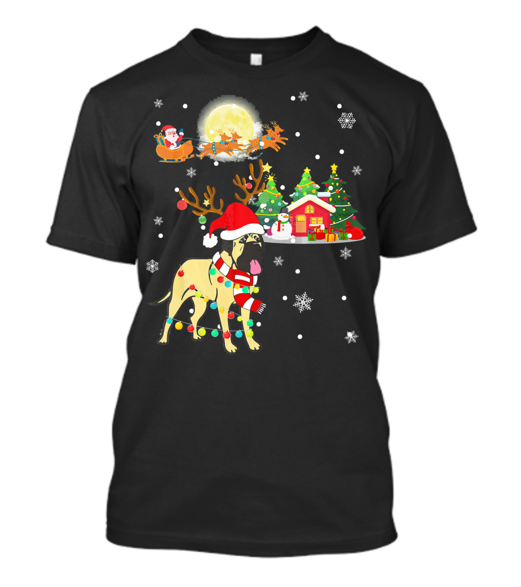 Bullmastiff In Christmas Wonderland With Santa, Reindeer, And Festive Trees T-Shirt