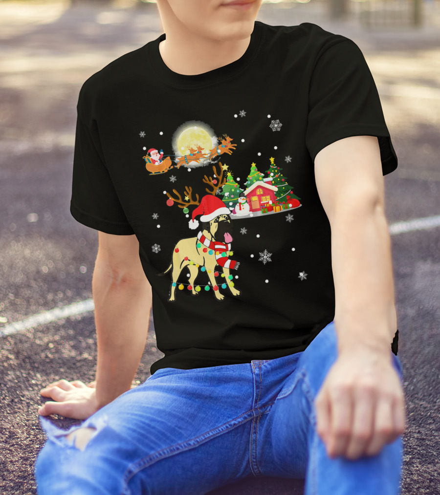 Bullmastiff In Christmas Wonderland With Santa, Reindeer, And Festive Trees T-Shirt