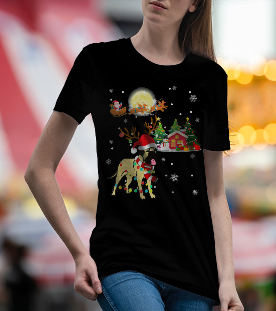 Bullmastiff In Christmas Wonderland With Santa, Reindeer, And Festive Trees T-Shirt