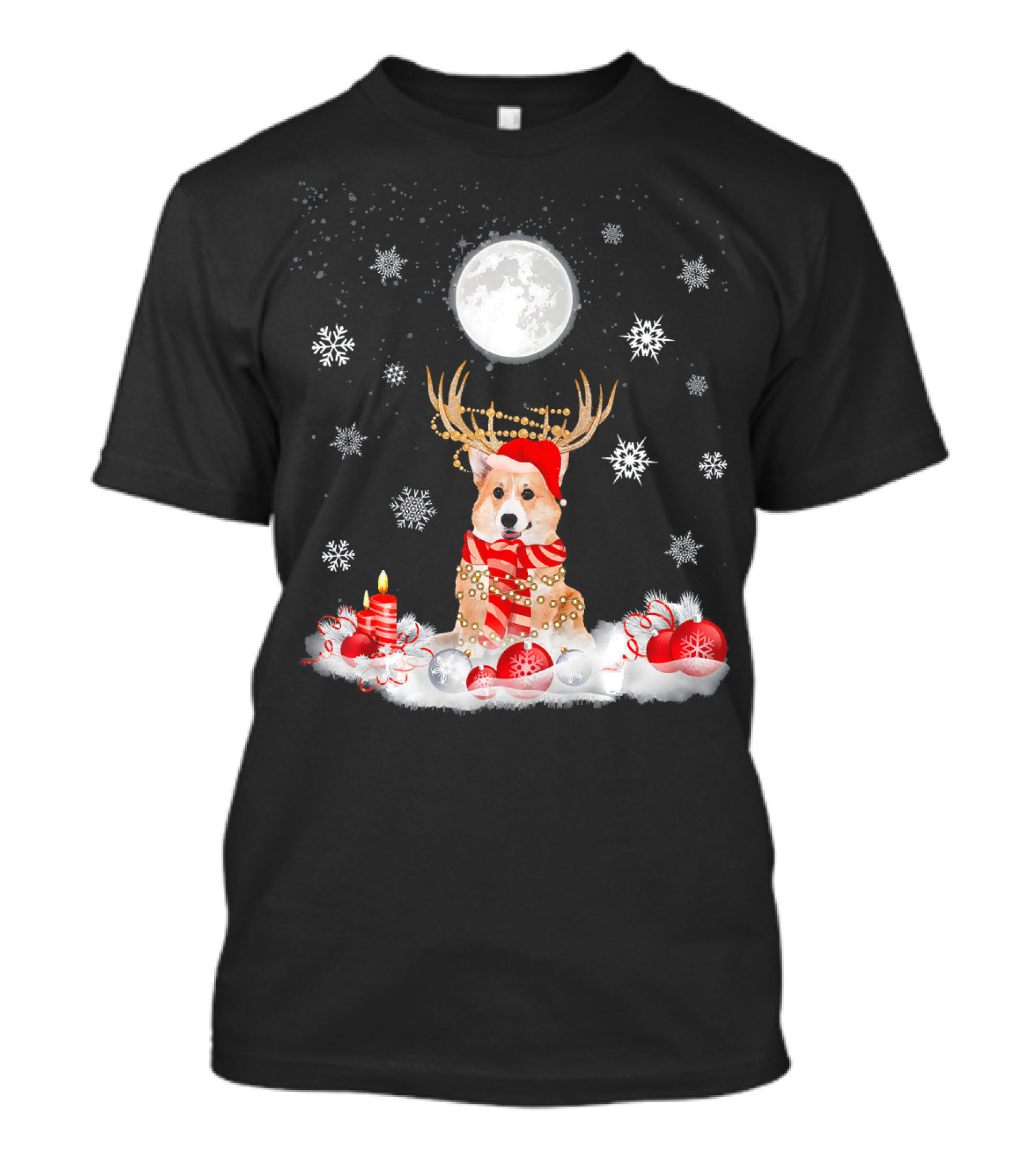 Cute Corgi Dog Antlers Snowflakes Christmas Candle Ornaments Moon T-Shirt