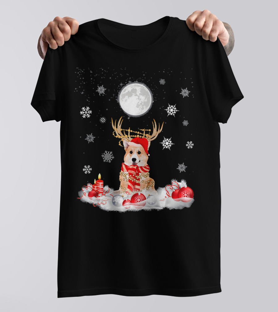 Cute Corgi Dog Antlers Snowflakes Christmas Candle Ornaments Moon T-Shirt
