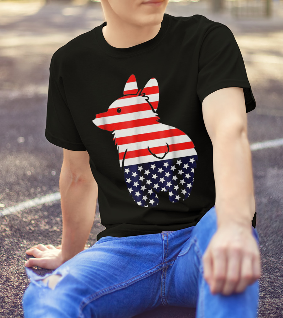Corgi Dog USA Flag 4th July Patriotic T-Shirt