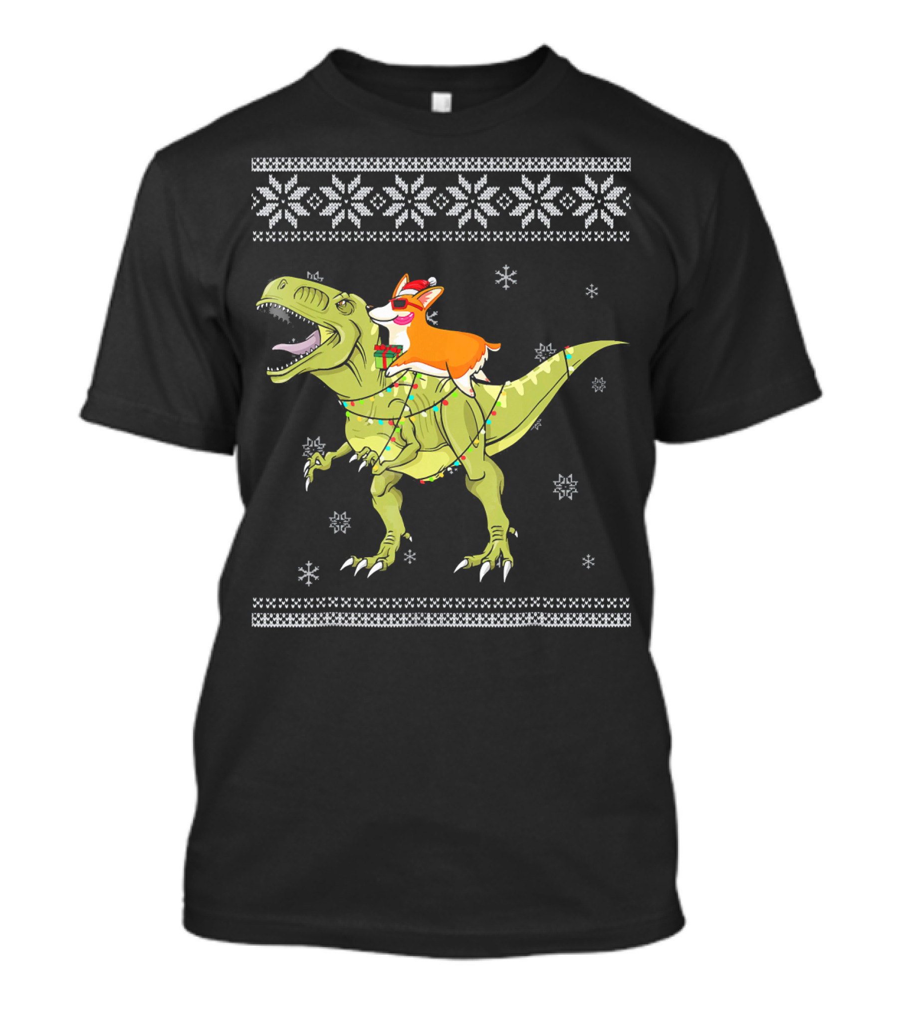 Corgi With Christmas Lights Riding T-Rex Dinosaur In Holiday T-Shirt