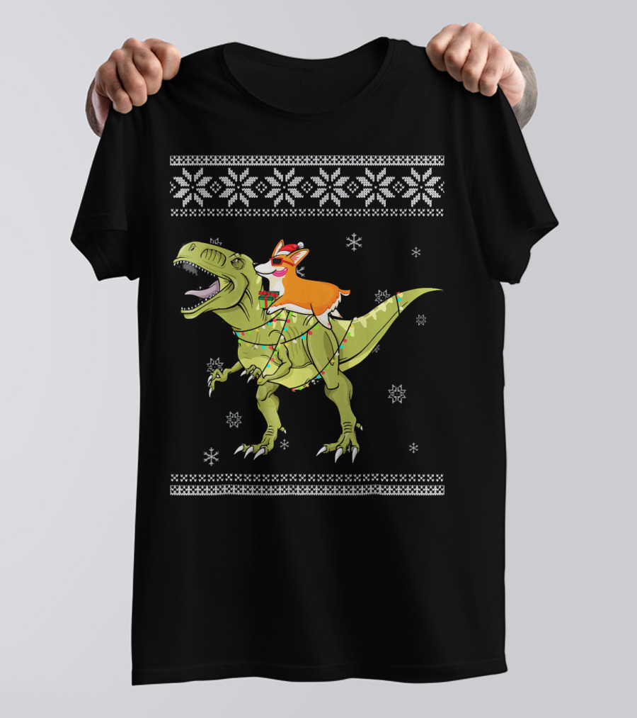 Corgi With Christmas Lights Riding T-Rex Dinosaur In Holiday T-Shirt