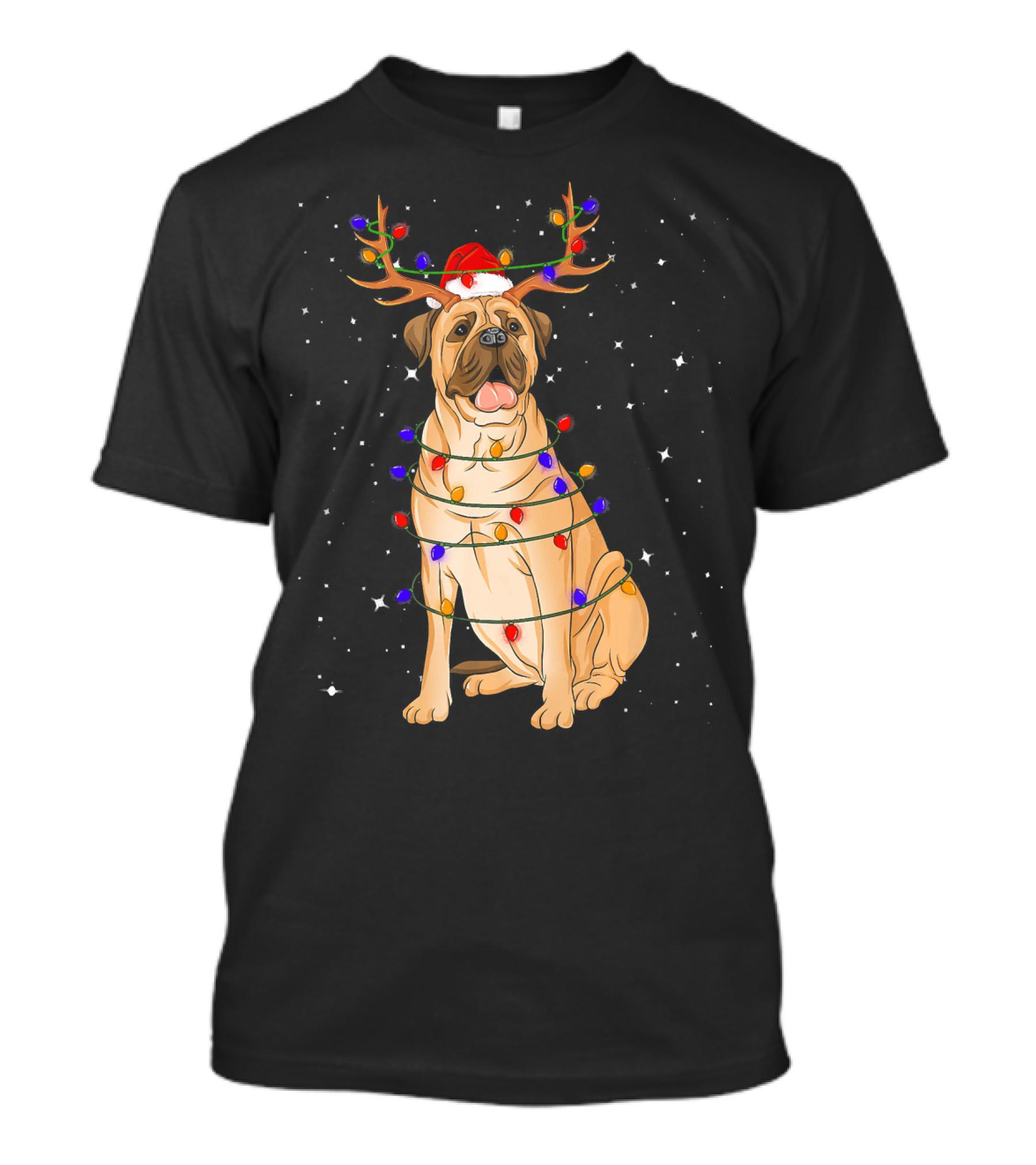 Bullmastiff Wrapped In Christmas Lights With Santa Hat And Antlers T-Shirt