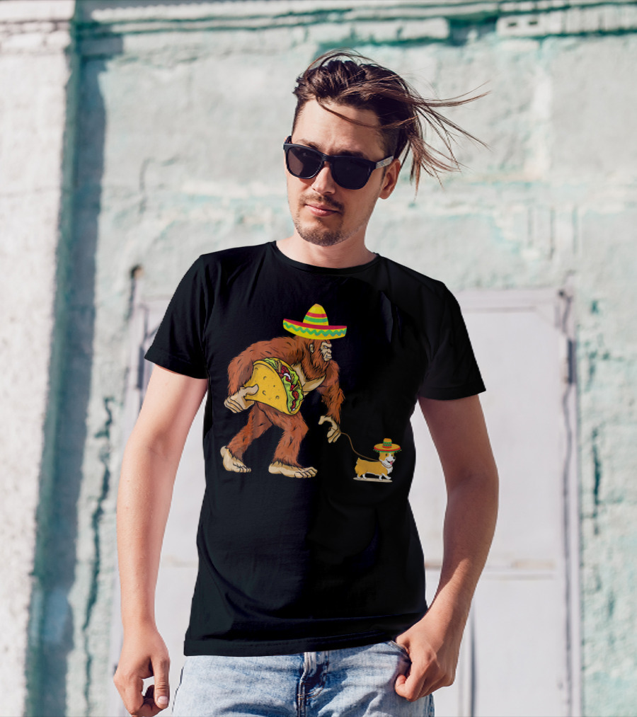 Bigfoot Holding Taco Walking Corgi Dog In Sombrero T-Shirt