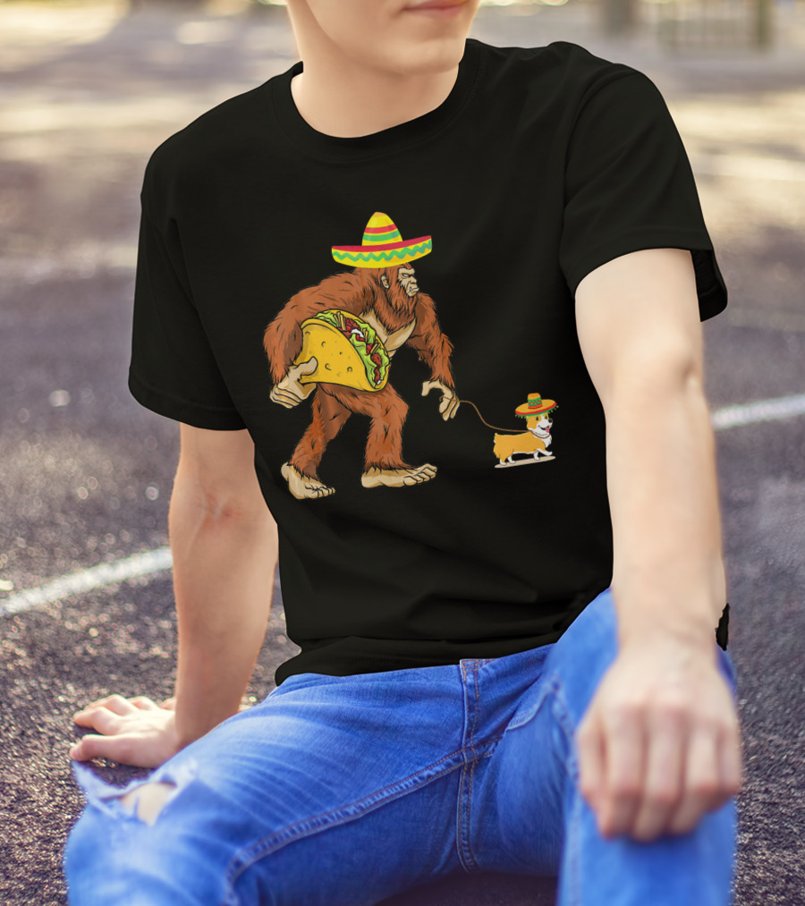 Bigfoot Holding Taco Walking Corgi Dog In Sombrero T-Shirt