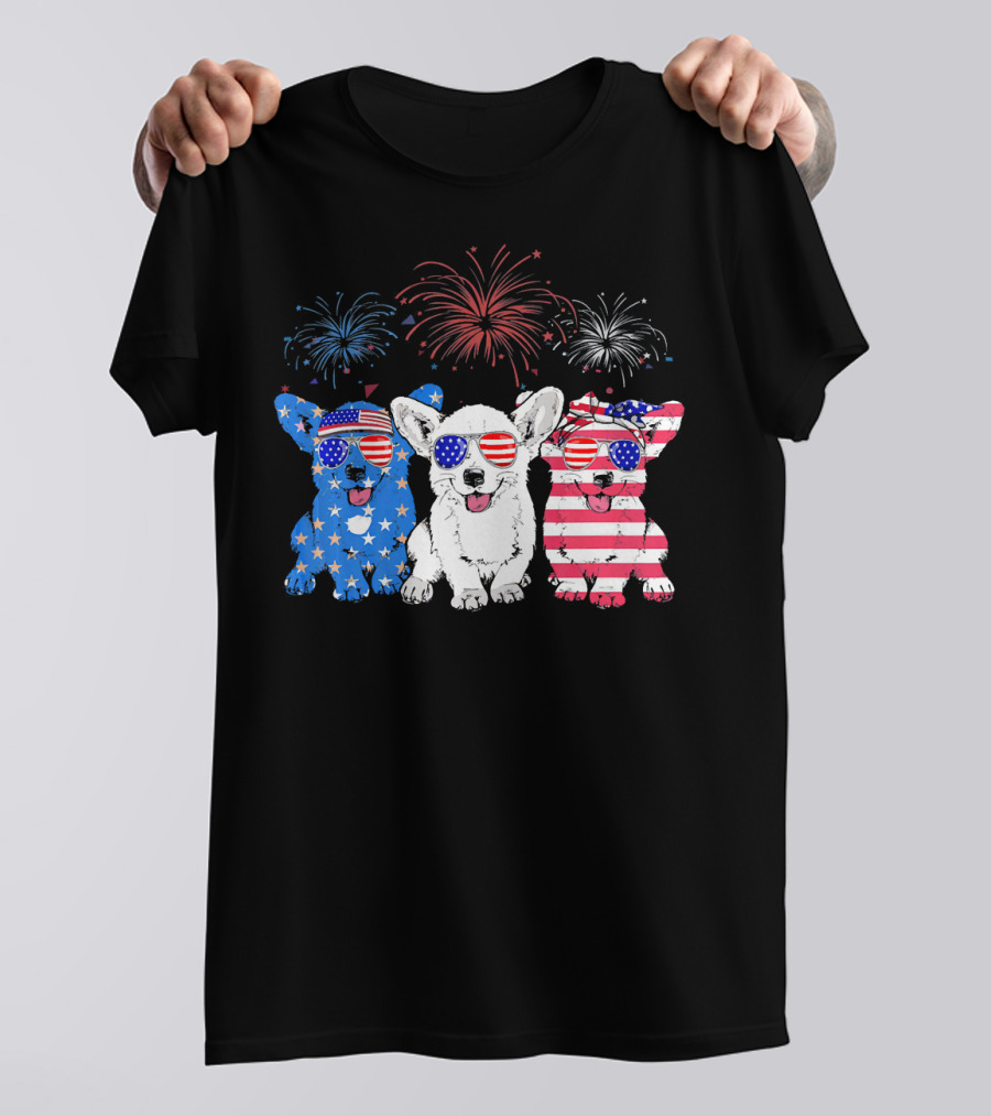 Corgi USA Flag Sunglasses Fireworks 4th Of July T-Shirt