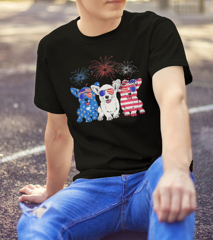 Corgi USA Flag Sunglasses Fireworks 4th Of July T-Shirt