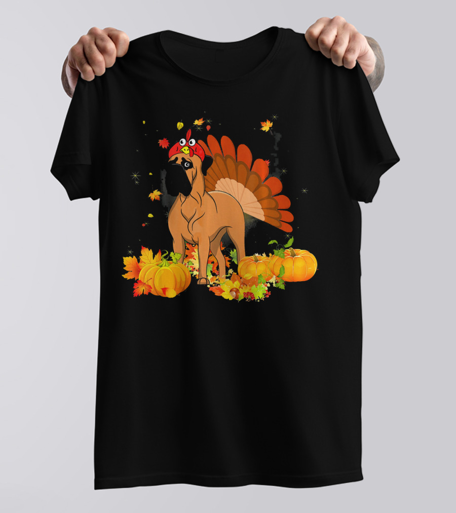 Bullmastiff Turkey Autumn Pumpkins And Leaves Dog T-Shirt