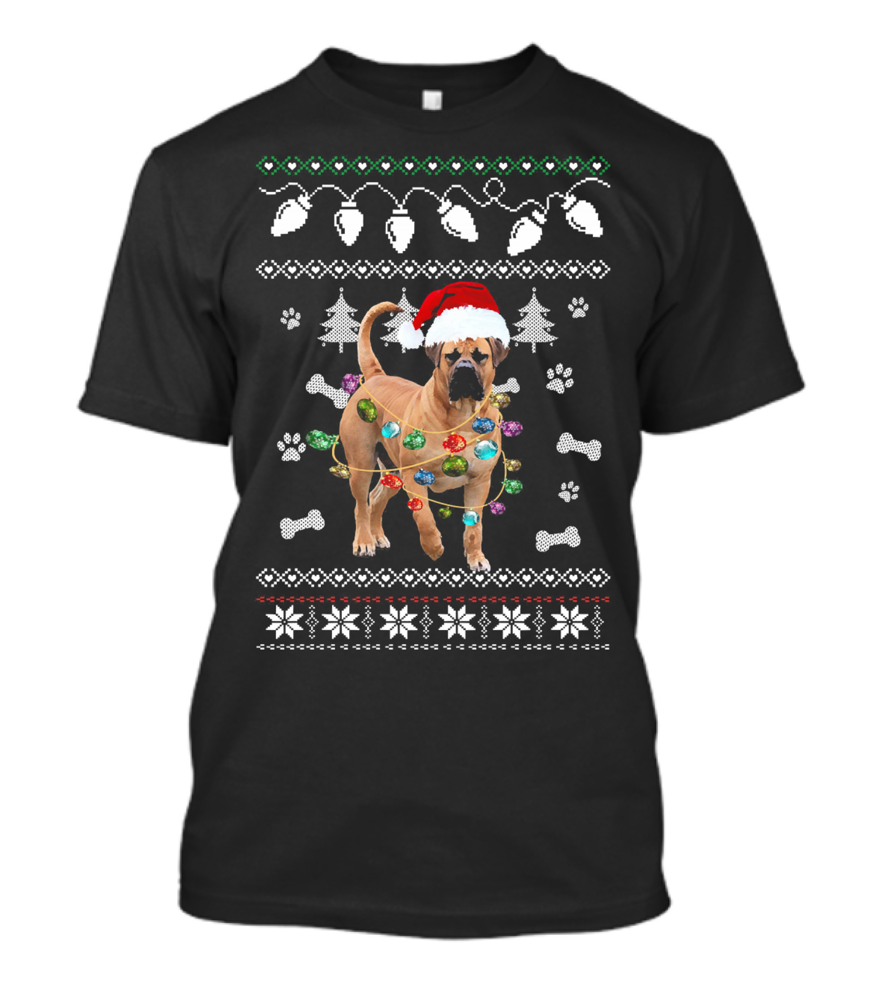 BullMastiff Christmas Dog Lights Ugly Sweater Holiday Paw Print Bone T-Shirt