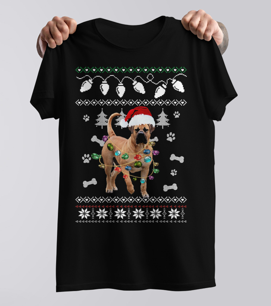 BullMastiff Christmas Dog Lights Ugly Sweater Holiday Paw Print Bone T-Shirt