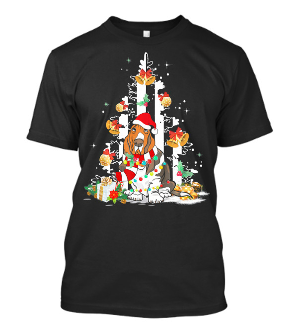Basset Hound Santa Hat With Christmas Tree And Gifts USA Fla T-Shirt