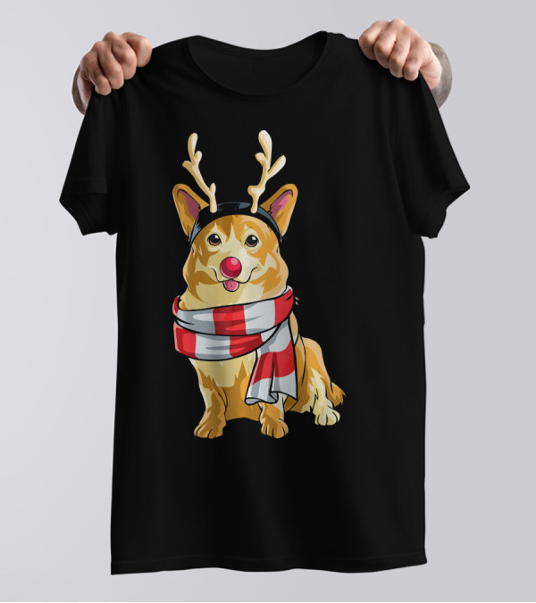 Corgi Reindeer Red Nose Scarf T-Shirt