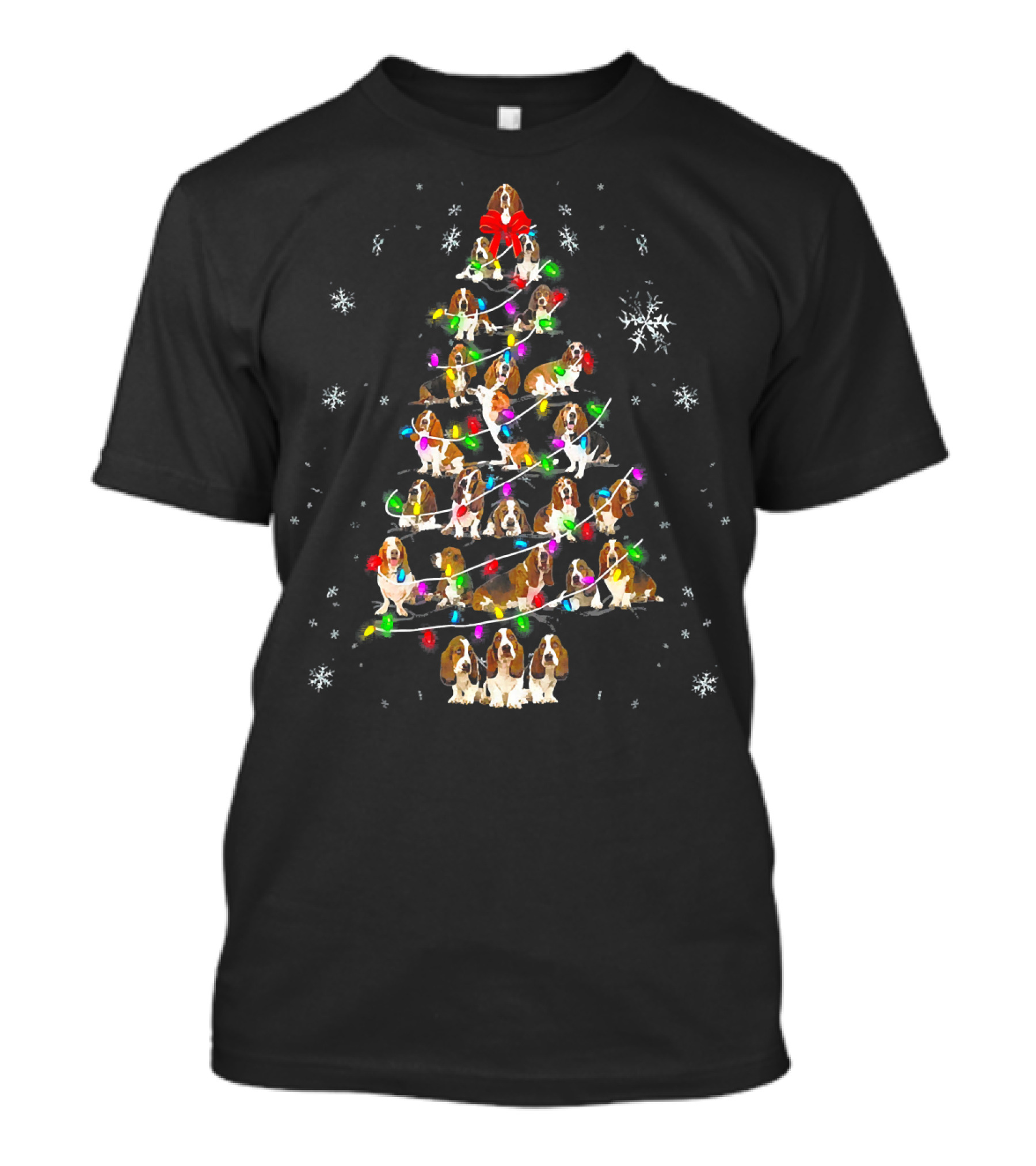 Cute Basset Hound Dog Christmas Tree With Colorful Lights And Snowflakes T-Shirt