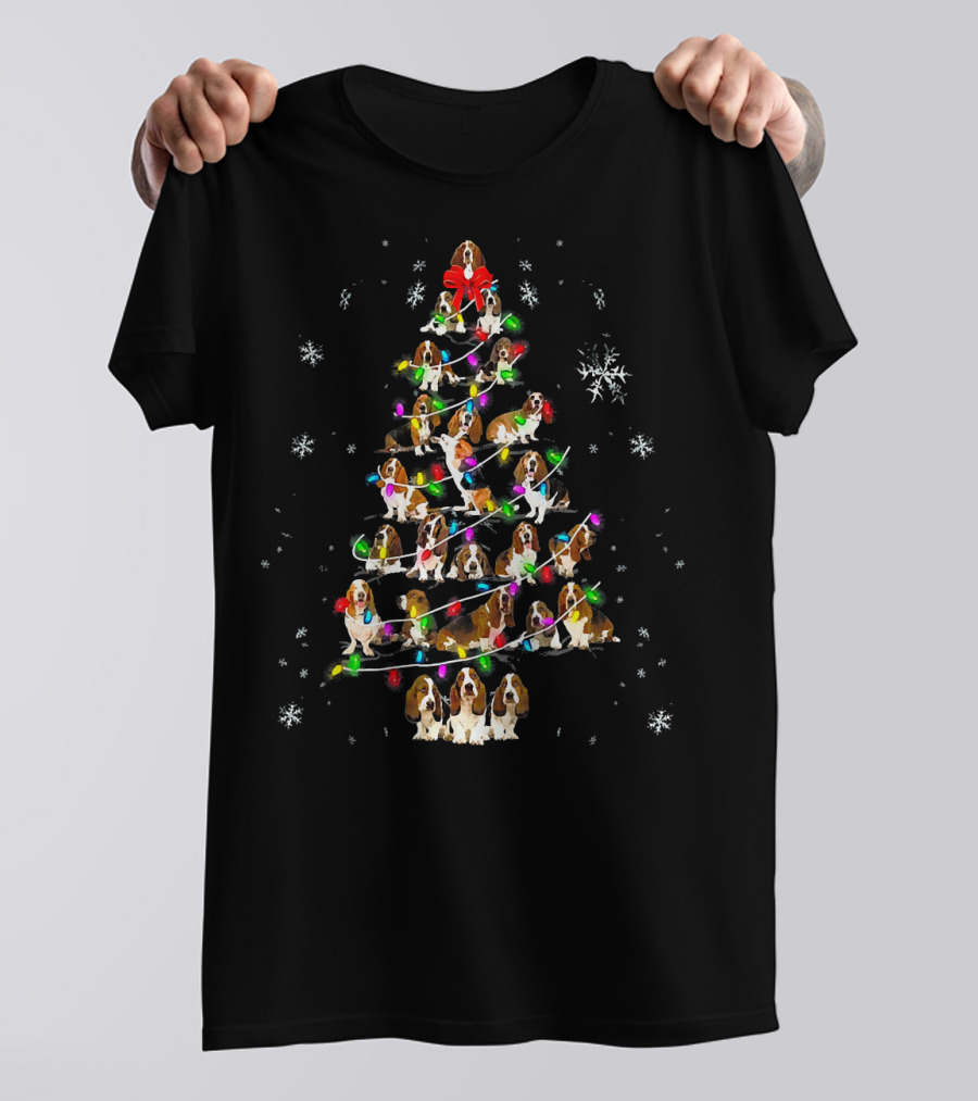 Cute Basset Hound Dog Christmas Tree With Colorful Lights And Snowflakes T-Shirt