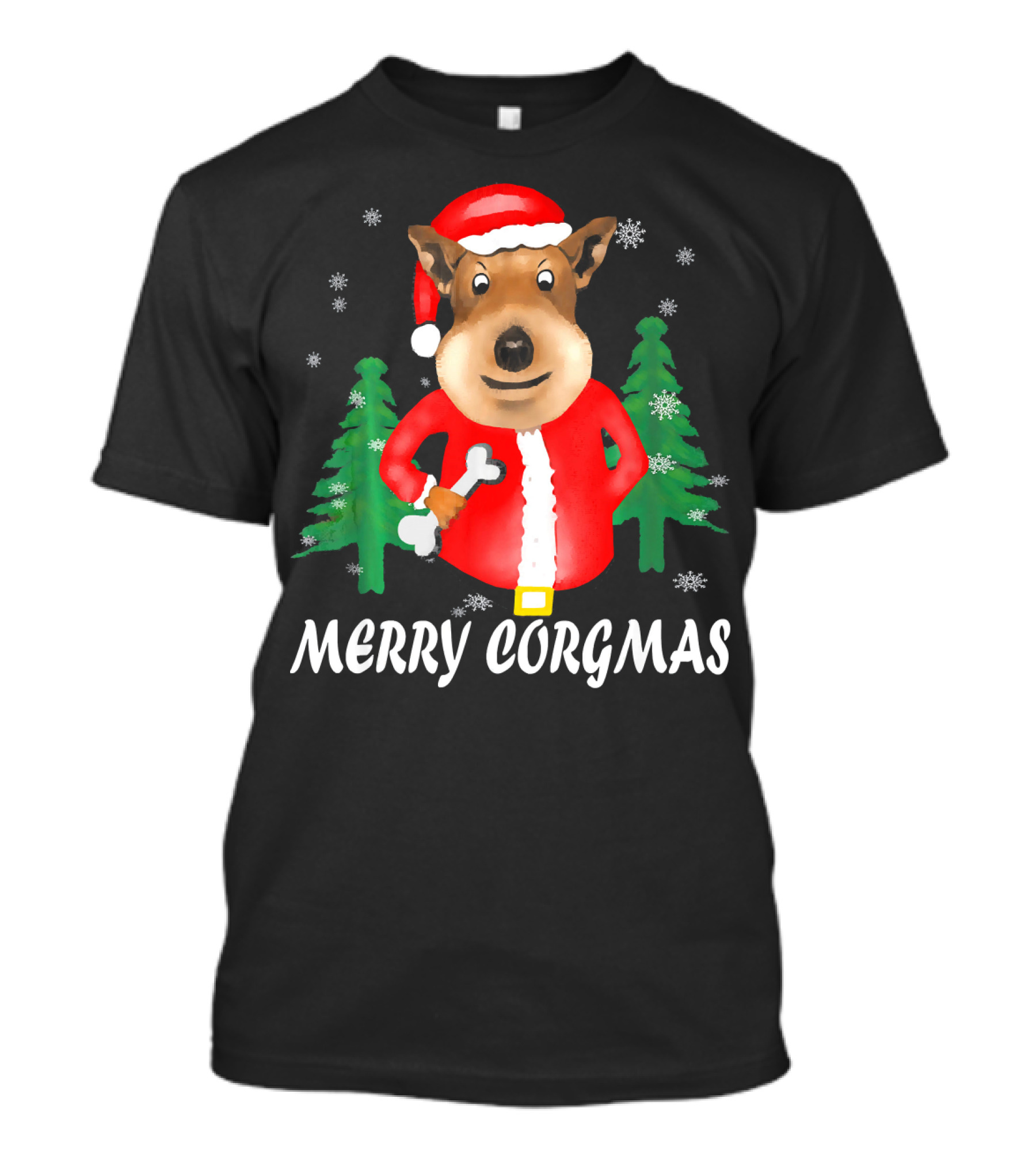Merry Corgmas Christmas Corgi Santa With Snowflakes And Trees T-Shirt