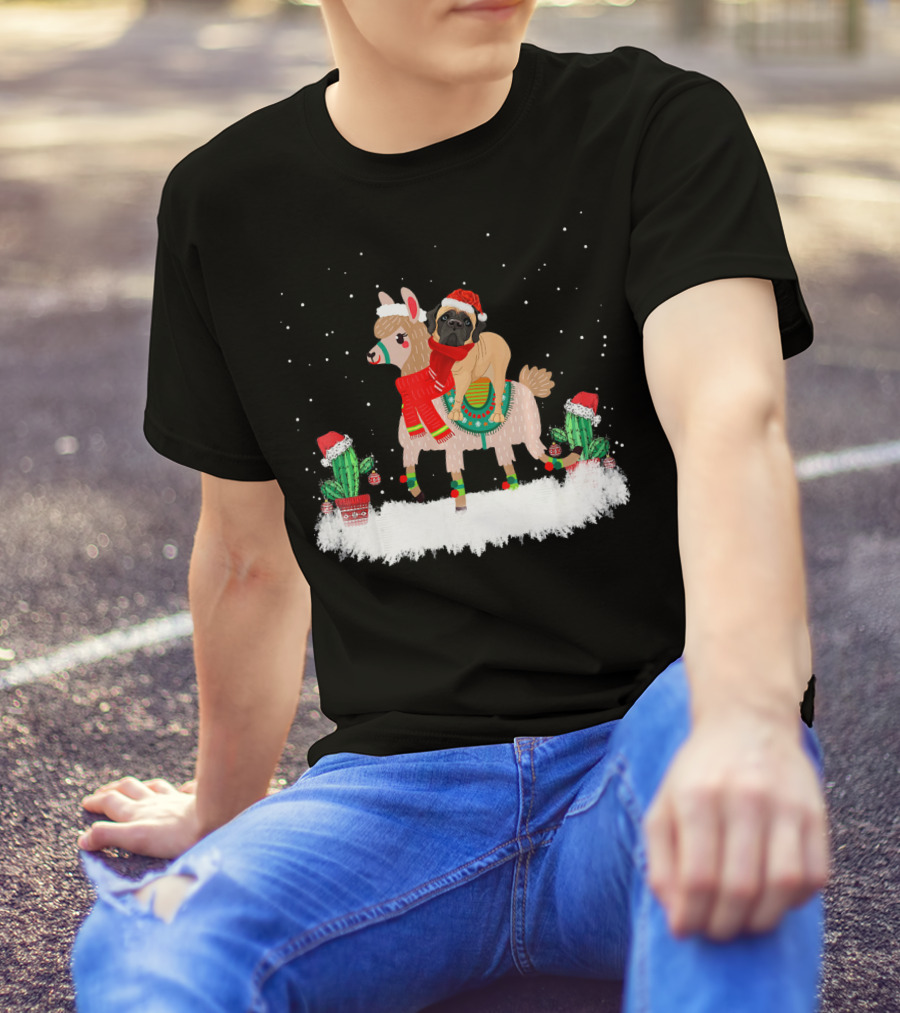 Cute English Mastiff Riding Llama Christmas Scene T-Shirt