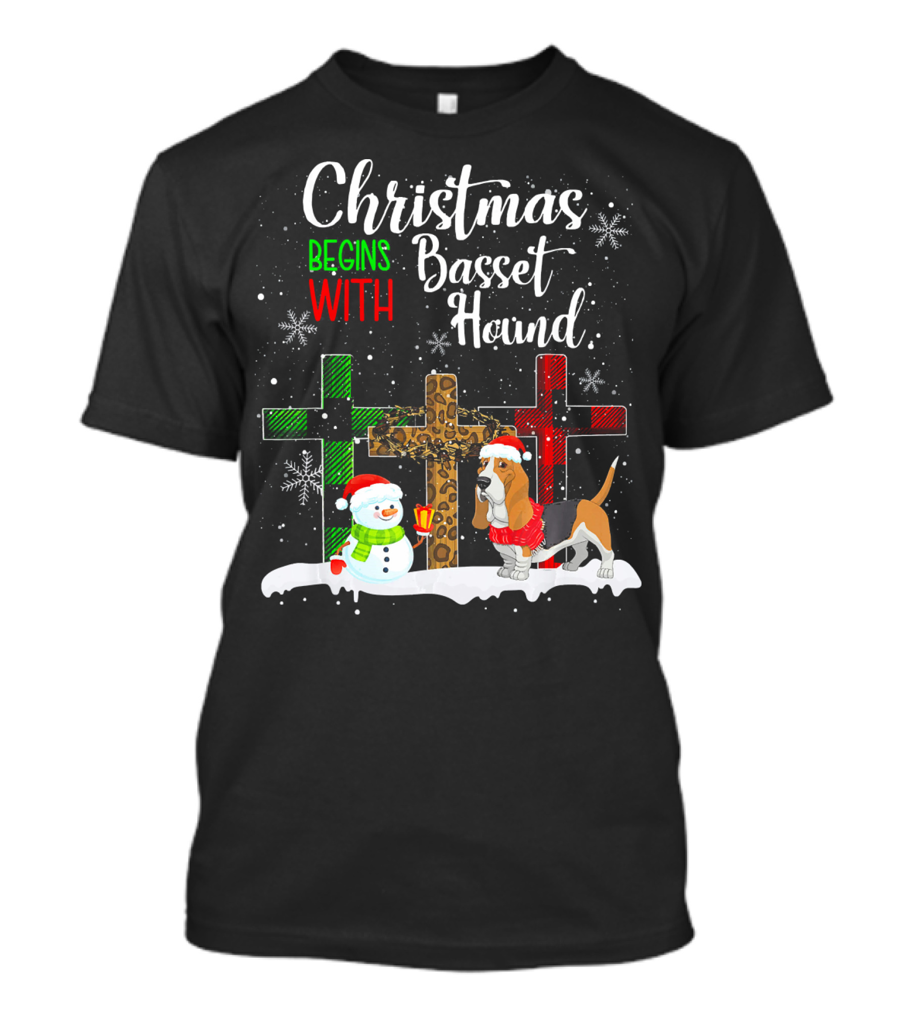 Christmas Begins With Basset Hound Snowman And Crosses T-Shirt