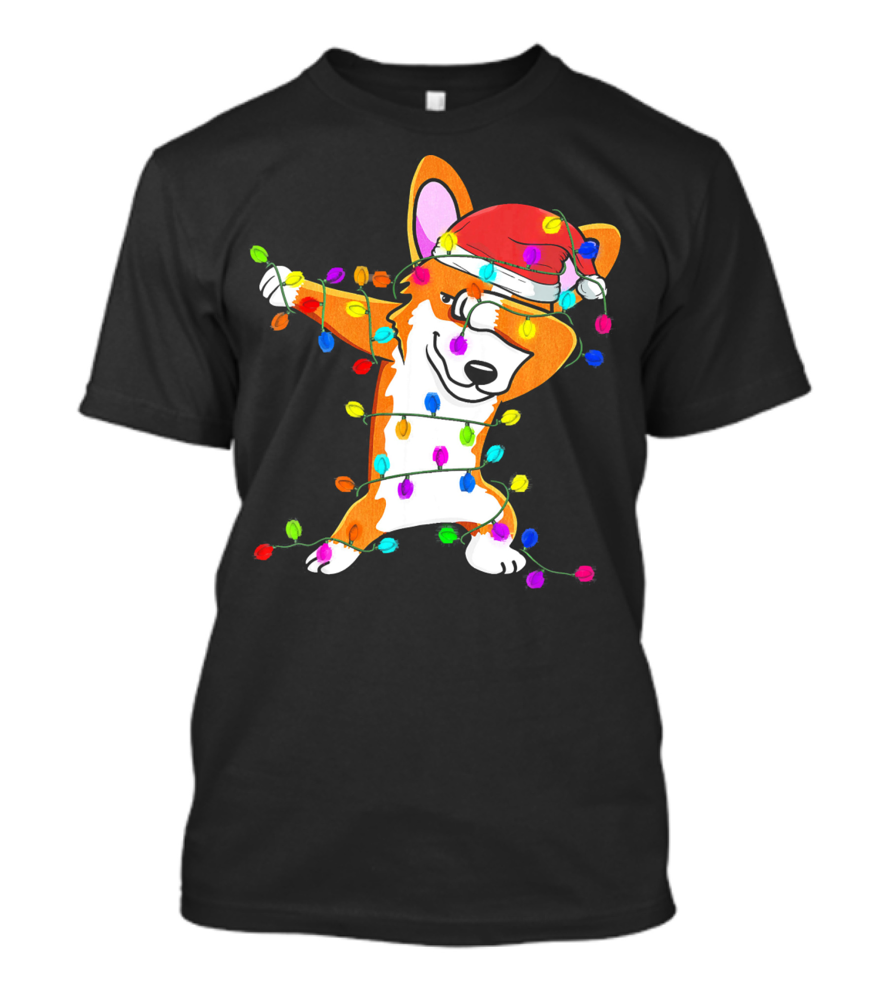 Dabbing Corgi Wrapped In Christmas Fairy Lights With Santa Hat T-Shirt